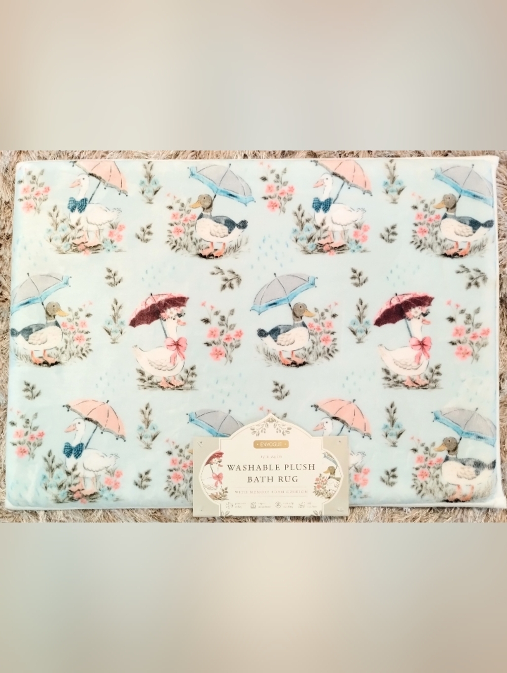 Plush Foam Bath Mat by Envogue cute Ducks Geese with Umbrellas Floral Blue Pink